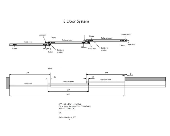 3 Door Telescopic Sliding Door Track Kit - Max Door Width Per