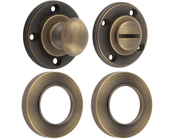 Bathroom Oval Knob Turn And Release With Knurled Round Rose 53mm X 10mm Antique Brass 5701