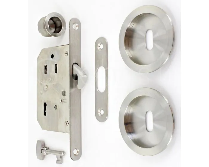 Key Operated Hook Lock With Round Escutcheons  Folding Key For Sliding  Pocket Doors Satin Stainless Steel G Johns  Sons