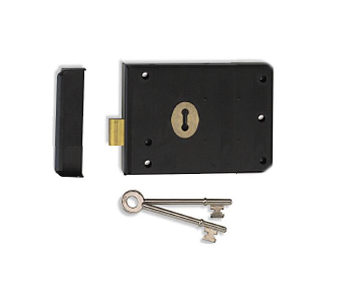 Surface Mounted Rim Deadlock Black With Brass Surrounds G Johns Sons