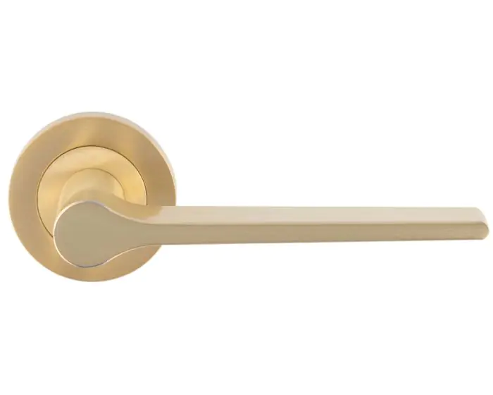 Tapered Design Lever Door Handles With Round Rose - Satin Brass (Lacquered)  - Suitable For Use With FD30 / FD60 Fire Doors