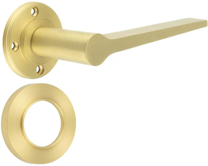 Tapered Design Lever Door Handles With Round Rose - Satin Brass (Lacquered)  - Suitable For Use With FD30 / FD60 Fire Doors